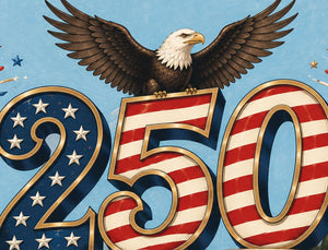 An illustration of a large number "250" with an eagle perched on top, surrounded by stars and stripes, representing the American flag.