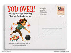 Vintage-style postcard with a woman bowling and text 'YOU OVER! Your support is right up our alley. Thank you for choosing our lane.