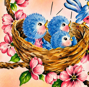 A painting of three blue birds sitting in a nest, surrounded by pink flowers and a bird flying nearby.