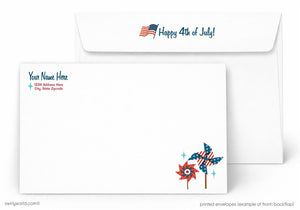 The image is a printed envelope featuring a patriotic design with an American flag and pinwheels, along with a message that reads "Happy 4th of July!"