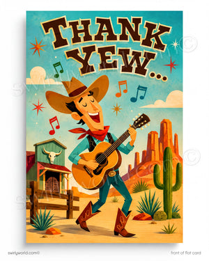 A cartoon cowboy playing guitar in a desert landscape, with mountains in the background and musical notes floating around him.