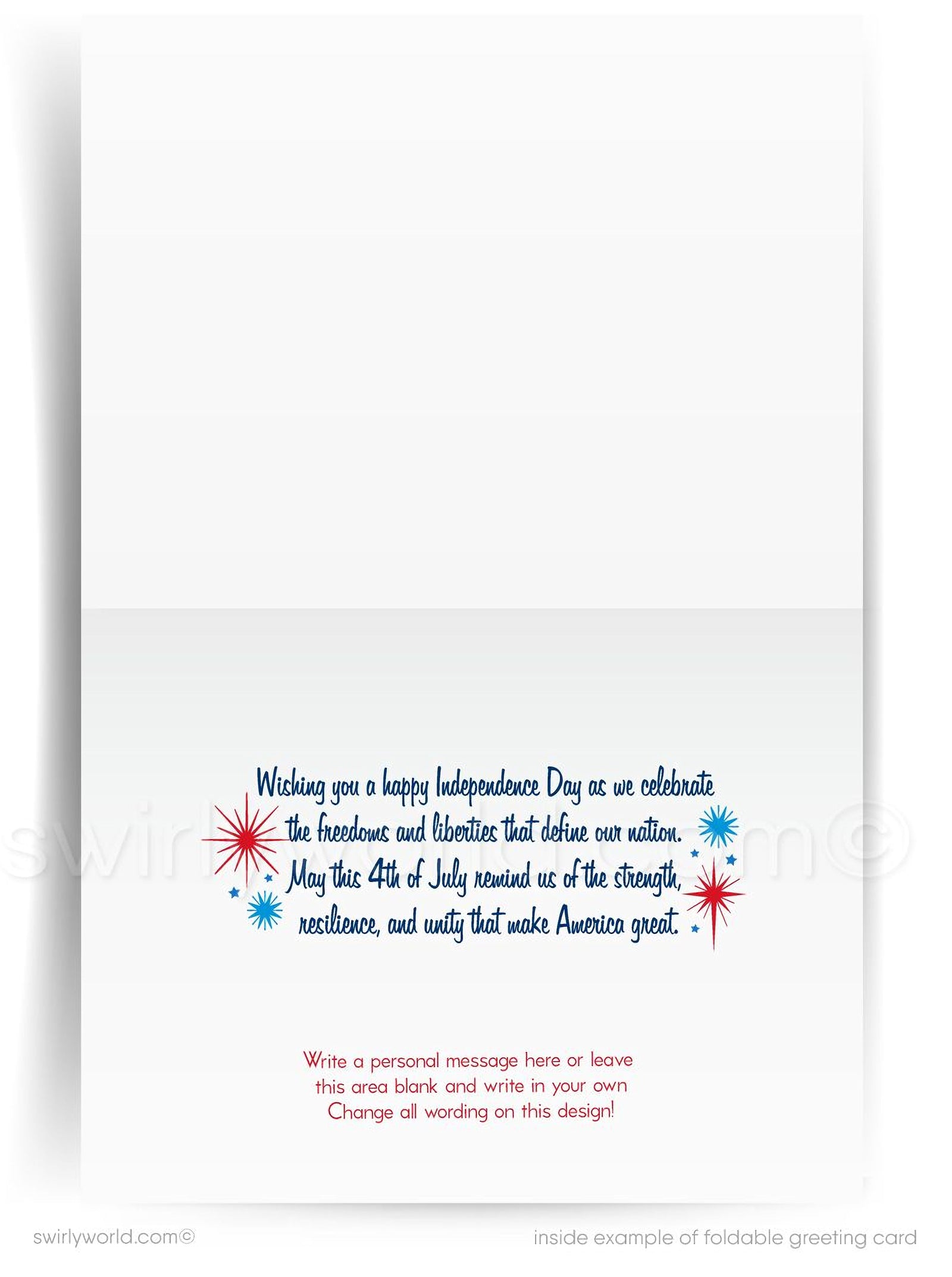 Celebrate America with a retro 4th of July card featuring bold red, white & blue, vintage starbursts, boomerangs & patriotic mid-century modern style.
