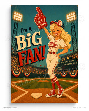 Vintage-style poster of a female baseball fan holding a '#1 Fan!' foam finger with stadium in the background.