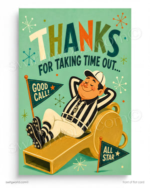 Vintage-style card with a referee sitting on a slide, surrounded by colorful text and flags on a green background.