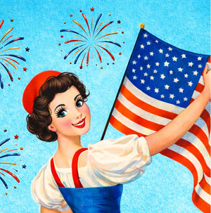 A smiling woman holding an American flag, with colorful fireworks in the background.