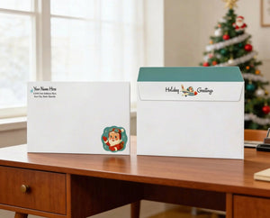 two envelopes on a wooden desk, one with a magnifying glass sticker and the other with a holiday greeting sticker.