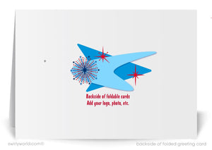 The image is a greeting card with a blue and red design featuring a starburst and a blue shape. The text on the card provides instructions for adding a logo, photo, or other elements to the design.