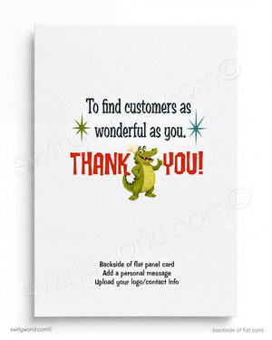 The image is a flat panel card with a cartoon alligator and a message that reads "Thank you!" The card has a white background and includes a space for a personal message and instructions for uploading the logo/contact information.