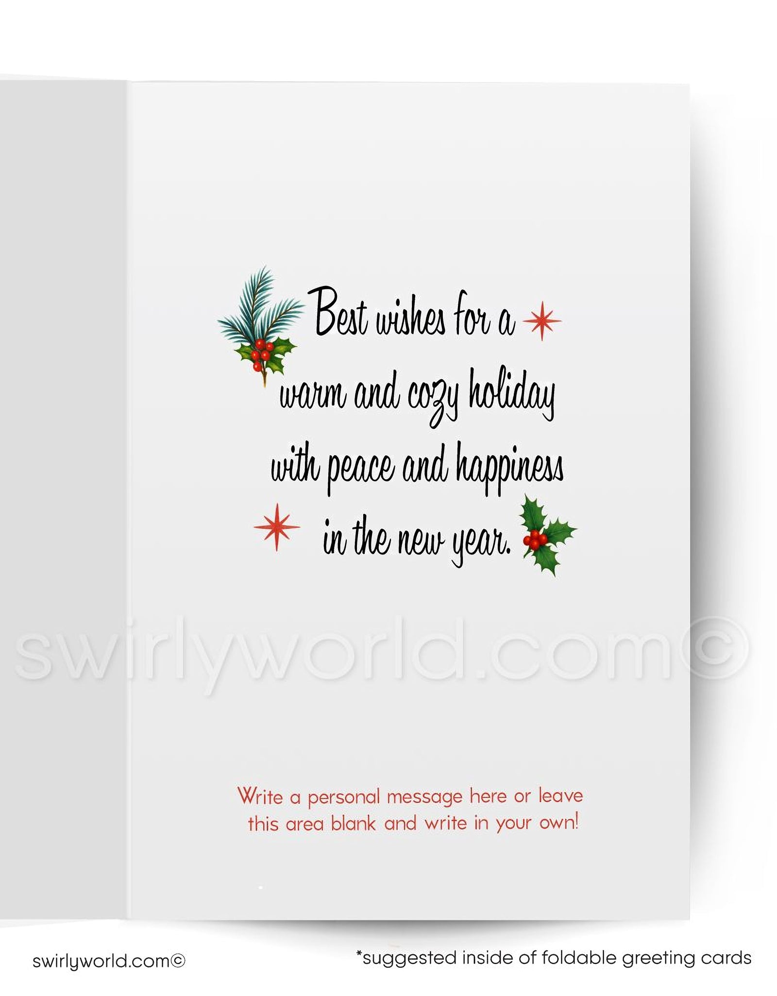 Cute white fluffy 1950s style kitten sleeping on a Santa's boot with holly. Merry Christmas cards for Cat lovers.