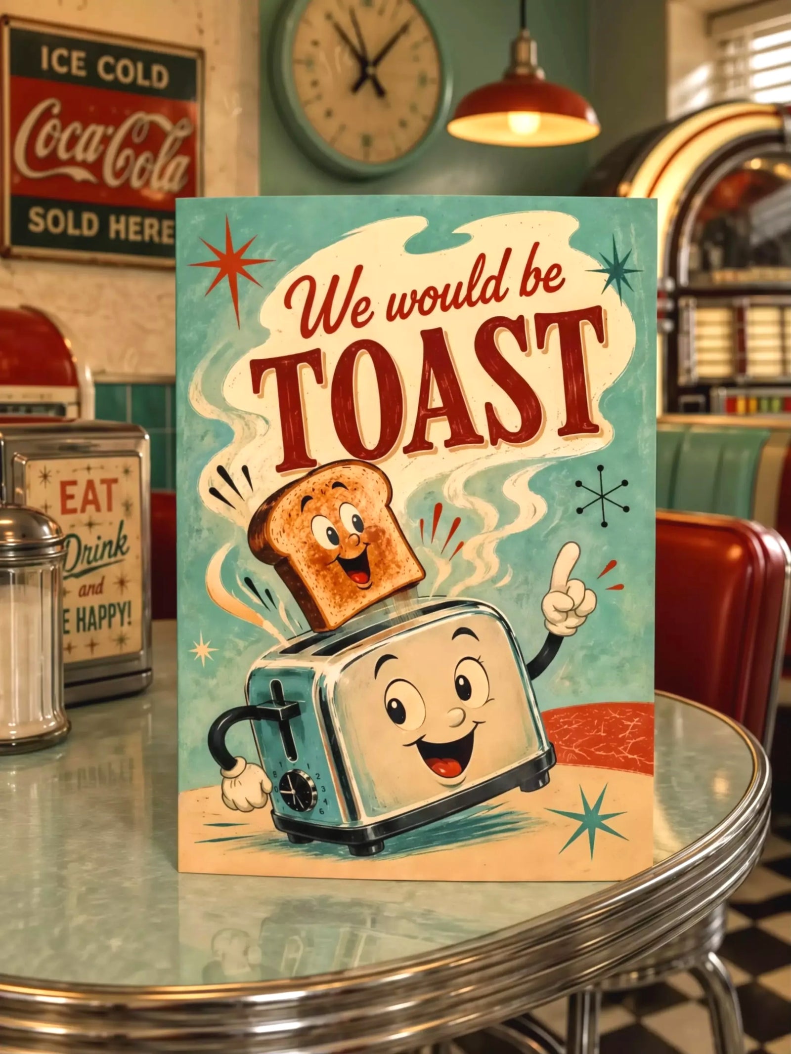 A folded greeting card shown front-on against a white background. The card features a retro illustration of a smiling toaster with a slice of toast popping out, with the text 'We would be TOAST' in large red letters on a teal and cream background.