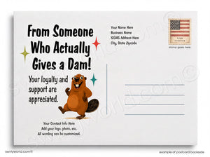 Postcard with a cartoon beaver and text 'From Someone Who Actually Gives a Dam!'