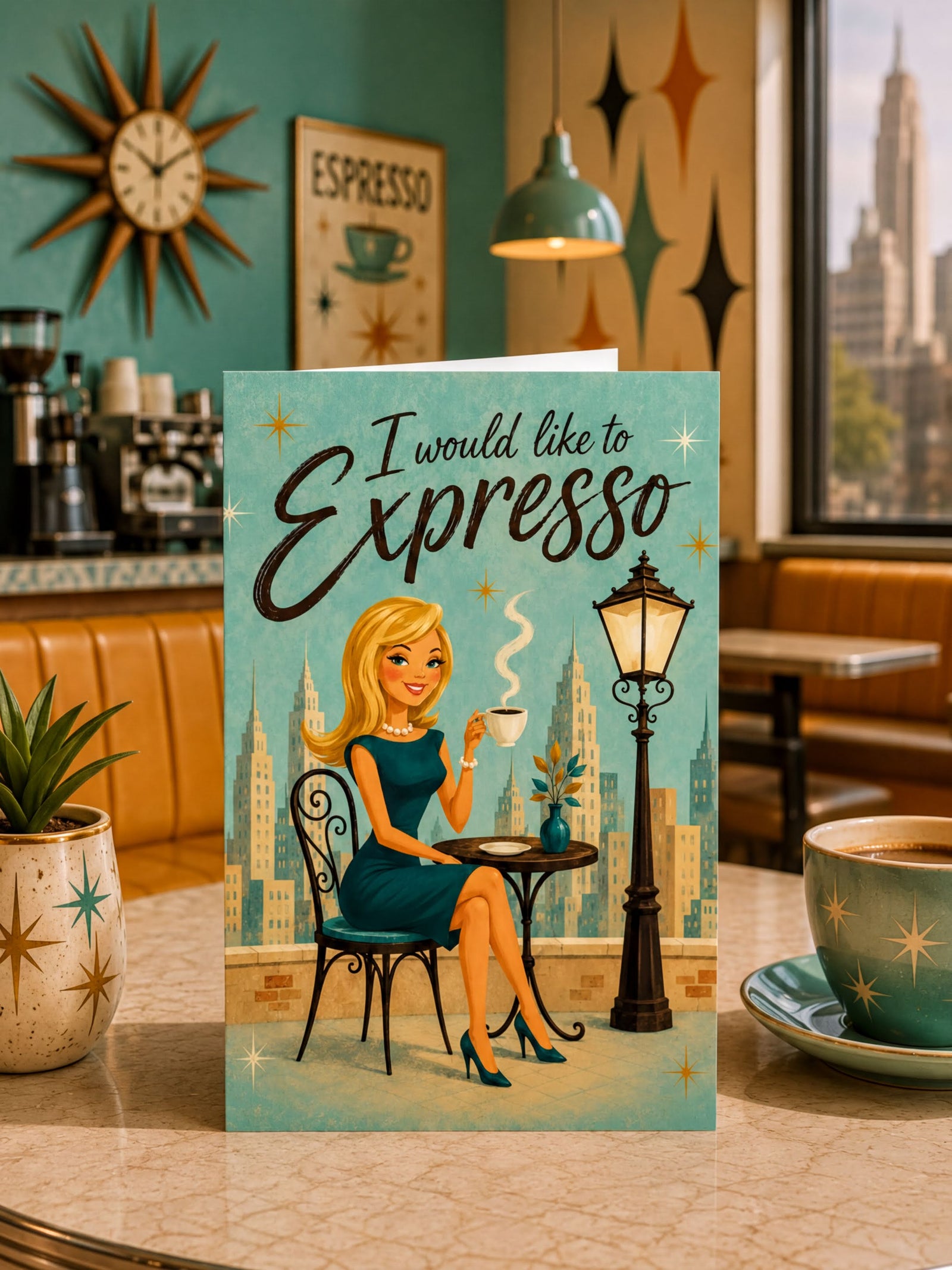 Vintage-style card with a woman in a blue dress holding a cup of coffee, sitting at an outdoor cafe table with a cityscape in the background.