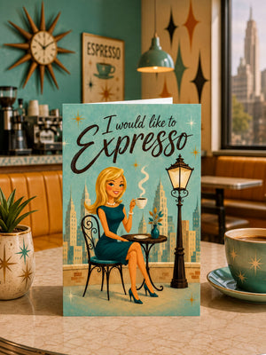 A greeting card featuring a woman sitting at a table in a cafe, with a cityscape in the background and a clock on the wall.