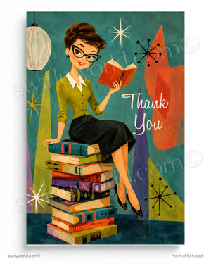 Vintage-style illustration of a woman reading a book on a stack of books with 'Thank You' text.