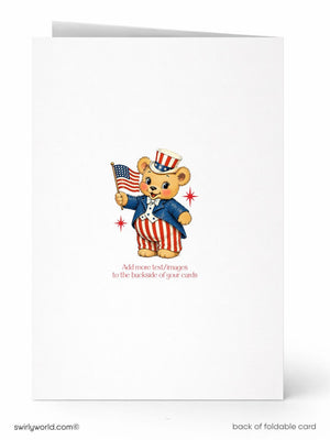 A white card with a cartoon image of a teddy bear wearing a patriotic outfit and holding an American flag. The text on the card provides instructions for adding more text or images to the back of the card.