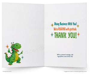Open card with a cartoon dinosaur and text expressing gratitude for business.