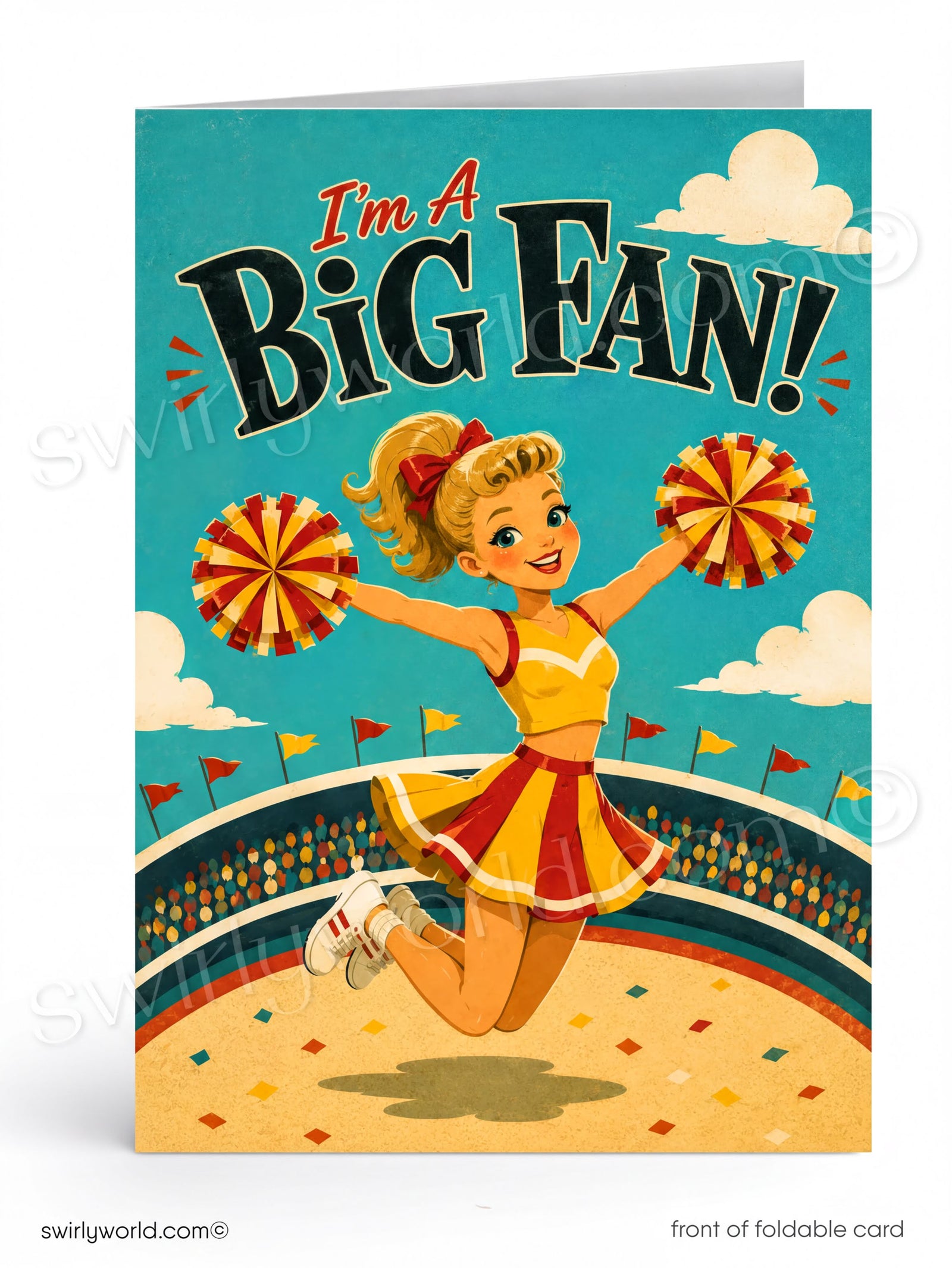 Card with a cheerleader holding pom-poms and 'I'm a Big Fan!' text on a blue background.