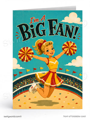Card with a cheerleader holding pom-poms and 'I'm a Big Fan!' text on a blue background.