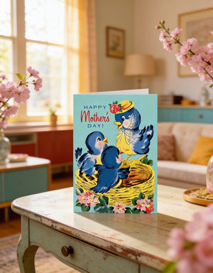 A greeting card with a mother bird and her two chicks sitting in a nest, surrounded by flowers, is displayed on a wooden table in a cozy living room setting.