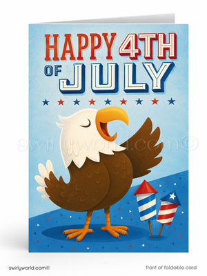 The image is a colorful card celebrating the 4th of July, featuring an illustration of an eagle with its mouth open, surrounded by fireworks and stars.