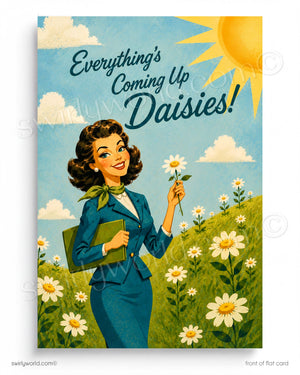 A woman in a blue suit holding a green folder stands in a field of white flowers, with a sun and clouds in the background.