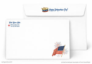 a white envelope with a patriotic design, including an American flag and fireworks. The envelope has a "Happy Independence Day!" message printed on it, and the address is provided as "Your Name Here" along with the address "1234 for Address Here Your City, State zipcode".