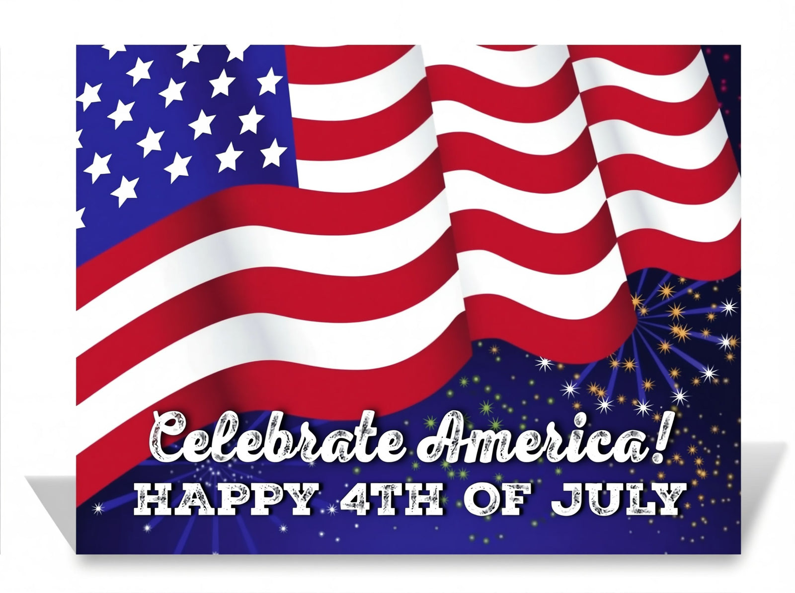 The image is a patriotic graphic celebrating the 4th of July, featuring the American flag and fireworks in the background.
