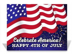 The image is a patriotic graphic celebrating the 4th of July, featuring the American flag and fireworks in the background.