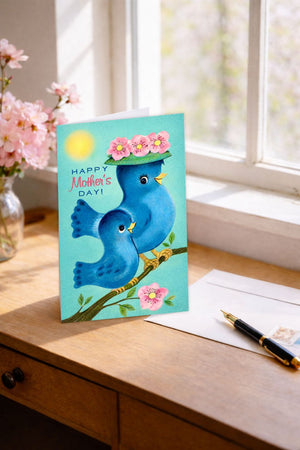 A Mother's Day greeting card featuring two blue birds perched on a branch, with pink flowers on their heads, sits on a wooden desk next to a vase of pink flowers and a pen.