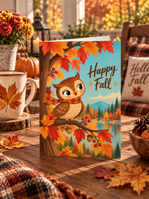 A greeting card featuring an illustration of an owl sitting on a tree branch with autumn leaves, surrounded by fall decorations such as flowers, pumpkins, and a "Happy Fall" sign.