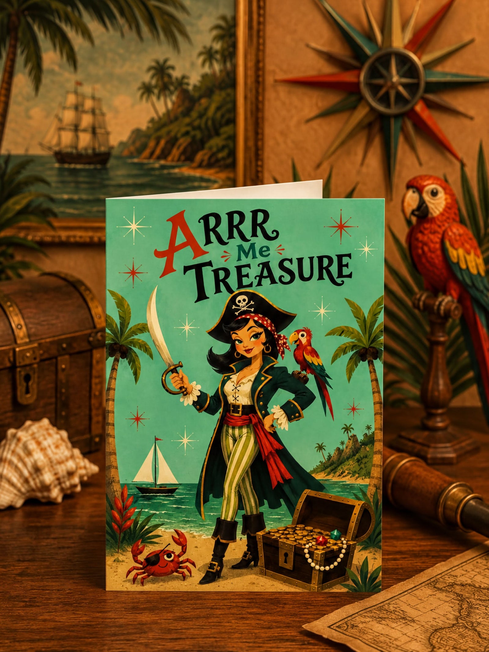 A foldable greeting card featuring a retro pirate illustration with the text 'Arrr Me Treasure' on a turquoise background, with palm trees, a treasure chest, parrot, and a woman in pirate attire.