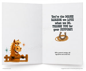 An open greeting card shown front and back. The left page features a cartoon horse at a fence with small starburst accents.