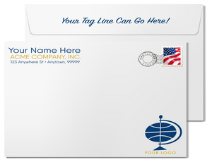 The image is a white envelope with a blue and yellow logo, featuring a globe and a basketball. The envelope has a tag line that says "Your Tag Line Can Go Here!" and a postmark. The envelope also displays the company's address and logo.