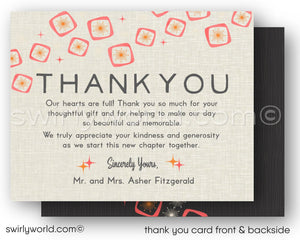 a card with a message of gratitude, featuring a design with pink and orange shapes and stars. The card is addressed to Mr. and Mrs. Asher Fitzgerald and expresses appreciation for their kindness and generosity. The card is a thank you card with a front and backside design, and it is a single image with no additional text.