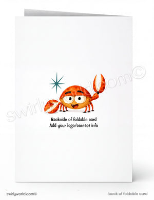 A folded white card shown front and back on a white background. The front has a cartoon orange crab with a blue starburst and placeholder text.