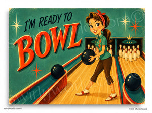 Vintage-style poster with a woman ready to bowl, featuring bold text and a retro design.