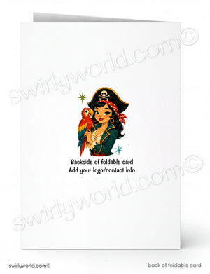A white foldable greeting card shown front and back. The front features a colorful pirate illustration holding a parrot, with placeholder text below reading 'Backside of foldable card' and 'Add your logo/contact info.