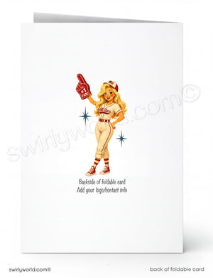 Backside of a foldable card with a vintage-style cheerleader illustration on a white background.