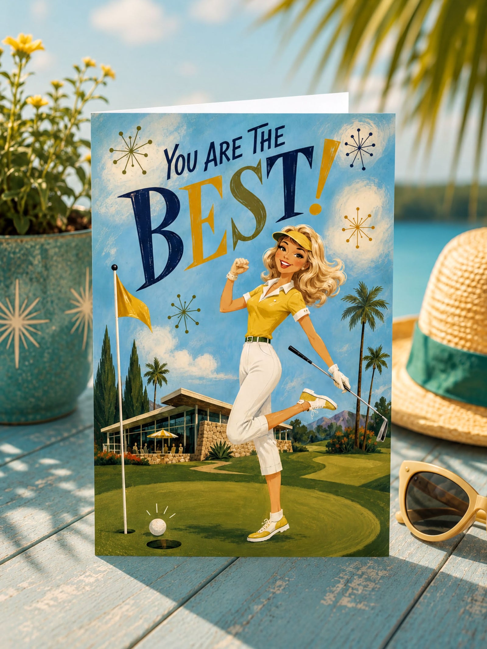 Greeting card with a woman playing golf on a golf course, featuring text 'You Are The Best!'.
