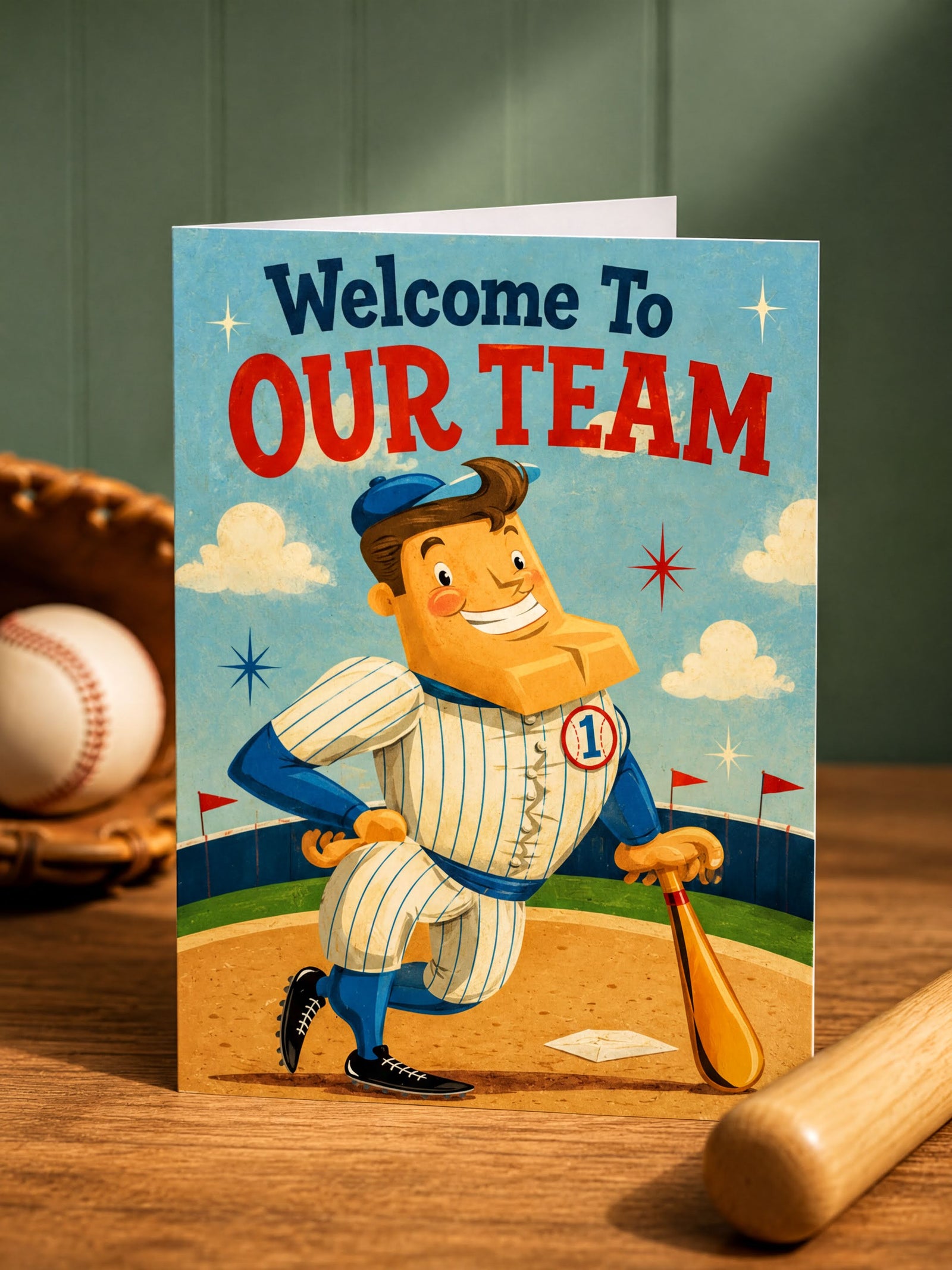 Vintage-style card with a baseball player and 'Welcome To Our Team' text on a blue sky background.