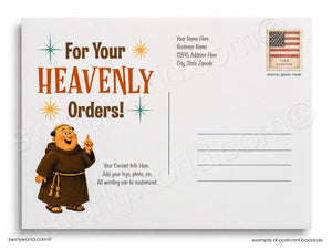 The image is a postcard with a cartoon image of a smiling man in a brown robe, along with text and a stamp.