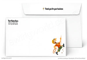 A white printed envelope set shown on a light gray background. The front envelope has placeholder text on the left and a small cartoon cowboy illustration in the lower right, while the back envelope shows printed sample text and a thank-you message with a star icon.
