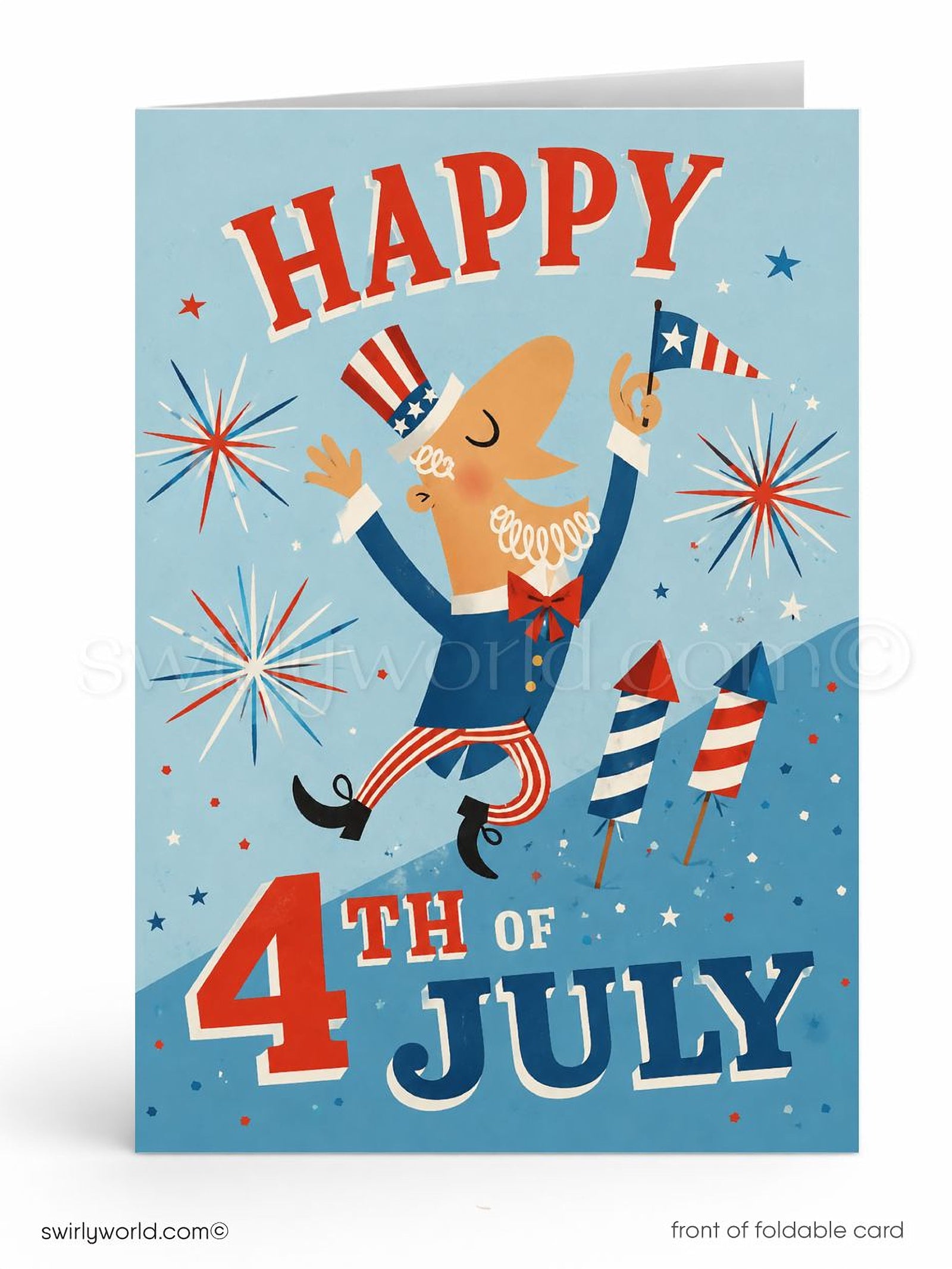 Happy 4th of July card with Uncle Sam illustration and fireworks on a blue background
