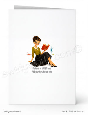 Backside of a foldable card with an illustration of a woman reading a book, featuring the brand 'swirlyworld.com'.