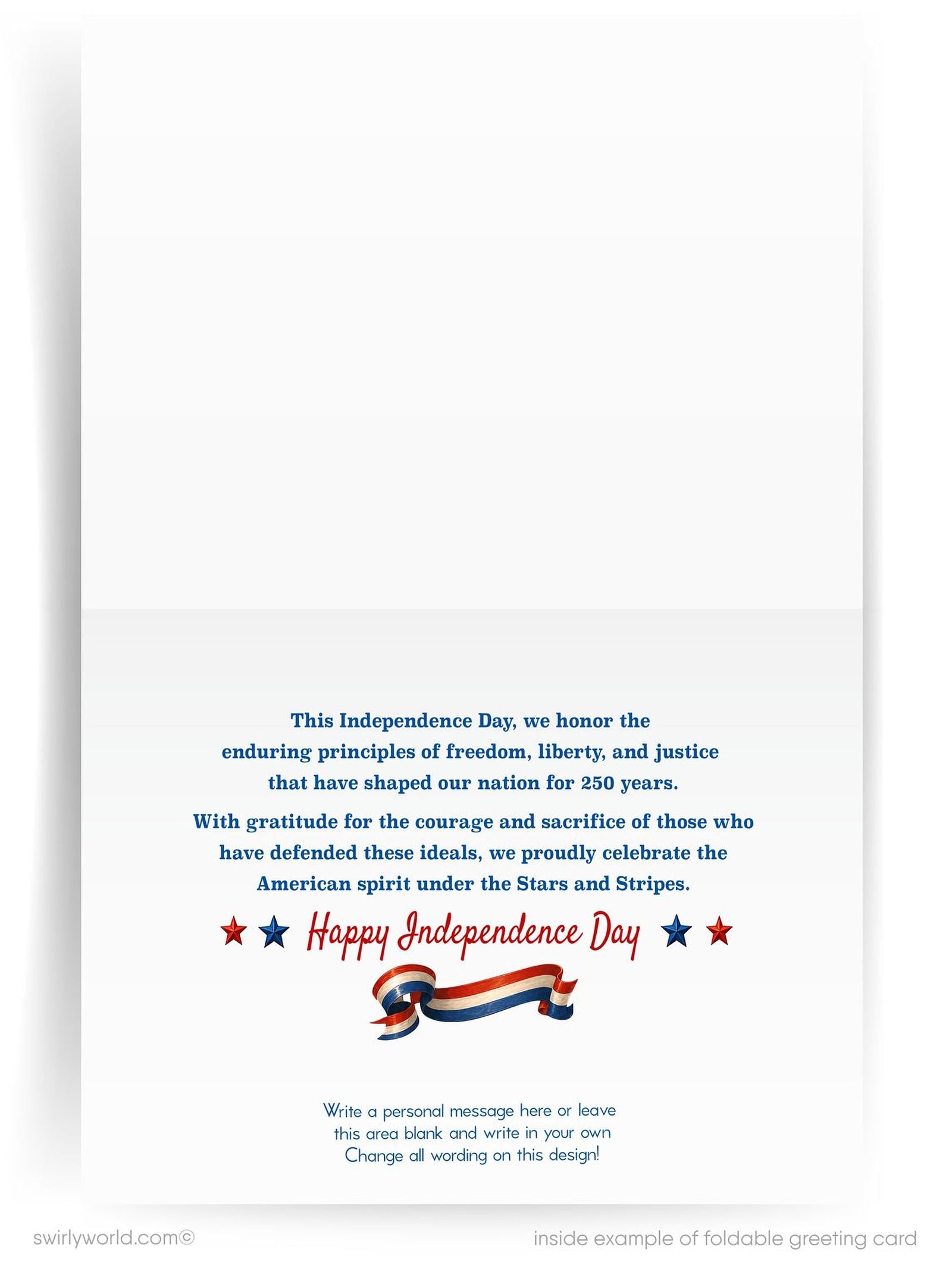 Greeting card with eagle, stars, and '250 Years of Freedom' text on a blue background