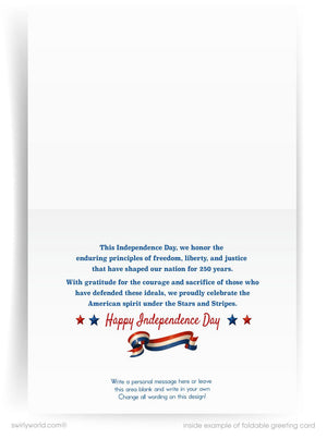 Independence Day greeting card with text and decorative elements on a white background