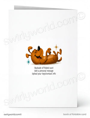 A folded white greeting card shown front and back on a white background. The front has a small cartoon dog lying on its back with sparkles, and the back shows placeholder text reading 'Backside of folded card' and 'Add a personal message / Upload your logo/contact info'.