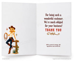 An open greeting card with a western-themed design. The left panel shows an illustrated cowgirl leaning on a fence rope, and the right panel has printed thank-you text on a white background.