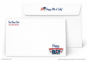 a white envelope with a patriotic design and text related to the 4th of July holiday.