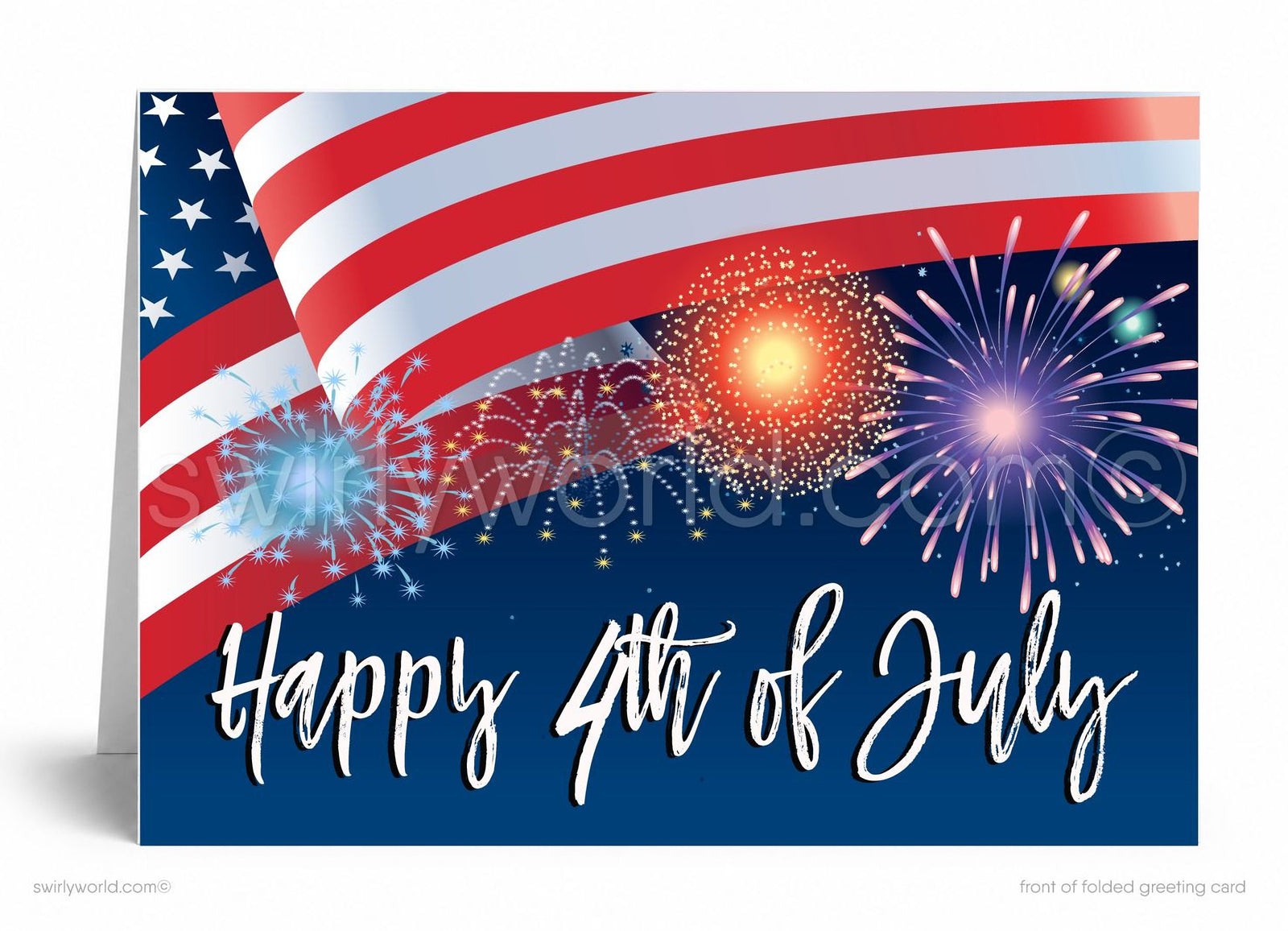 The image is a greeting card celebrating the 4th of July, featuring the American flag and fireworks in the background.